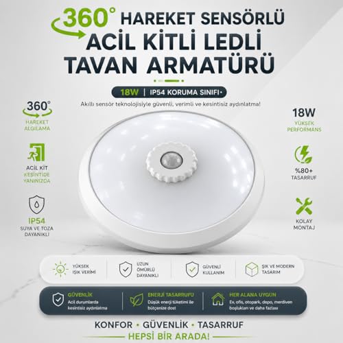 18W Beyaz LED Tavan Lambası, 360 Derece Hareket Sensörü ve Acil Kit