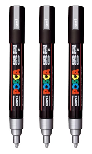 Image of posca PC-5M Water-Based Paint Markers, Reversible Medium Tip (1.8-2.5mm), Silver, 3 Count