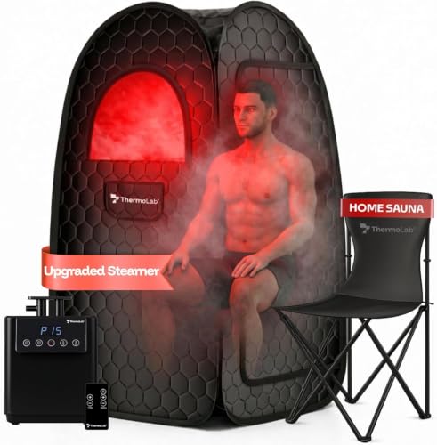 Improved 2.0 ThermoLab 2026 Steam Sauna for Home Use 2.6L Steamer & 1000W Heater with Chair & Infrared LED Detox Relaxation & Stress Relief Upgraded 2026 Pop-Up Tent with Remote Control