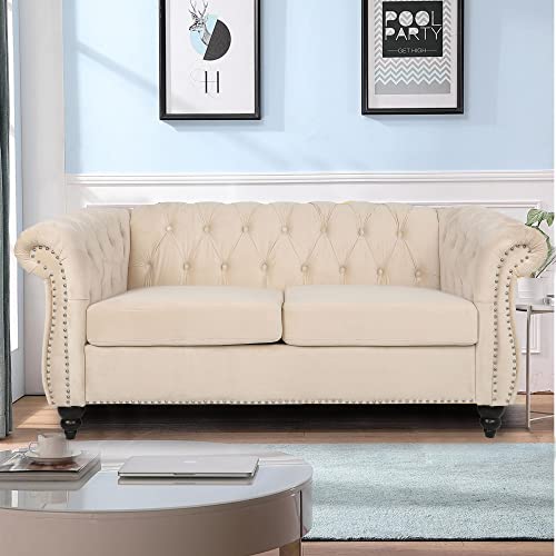 LEVNARY Velvet Chesterfield 2-Seater Sofa Beige