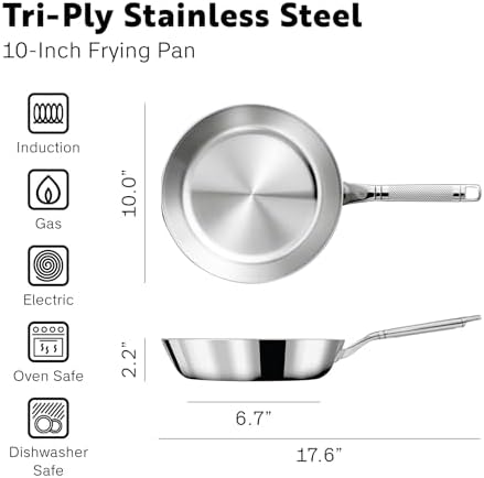 10 Inch Stainless Steel Frying Pan - Fully Clad Tri Ply Stainless Steel Pan with Heat Resistant Handle - Coating-Free, Non Toxic Cookware - Induction Compatible, Dishwasher & Oven Safe - Thumbnail 3