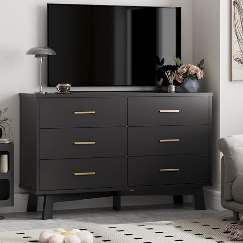 Dresser for Bedroom, 6 Drawer Wide Modern Chest of Drawers with X-Shaped Sturdy Base, Wood Double Dresser Closet Clothes Storage Organizer, Wooden TV Stand for Living Room, Hallway, Black - Thumbnail 7