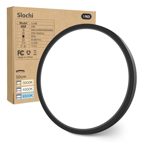 slochi Plafon LED Techo,24W 2800LM Bajo Consumo lampara techo,3000K/4000K/6500K regulableØIP44 Impermeable Ultra Delgado Plafones Para Techo Led,Adecuado para Baño Dormitorio Pasillo-Negro