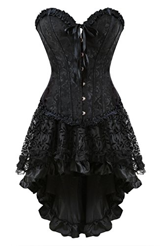Grebrafan Embroidered Overbust Boned Corsets with Fluffy Pleated Layered Tutu Skirt (US(20-22) 6XL, Black)