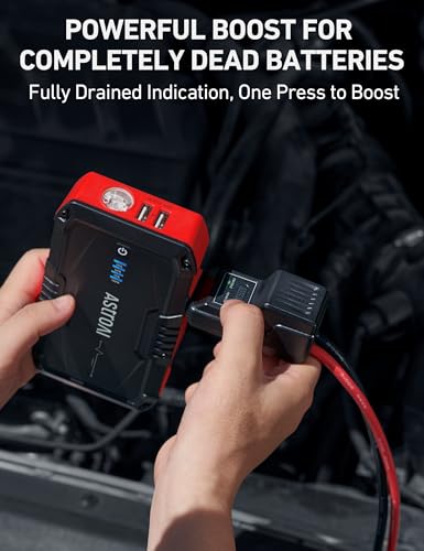 Image of AstroAI S8 Car Battery Jump Starter, Car Jumper Starter Battery Pack for Up to 6.0L Gas & 3.0L Diesel Engines, 12V Portable Jump Box with 3 Modes Flashlight and Jumper Cable (Red)