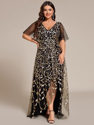 Ever-Pretty Women's Plus Size Gorgeous A Line High Low Slit Sequin Embroidered Formal Evening Dress with Sleeves 2083-DA4