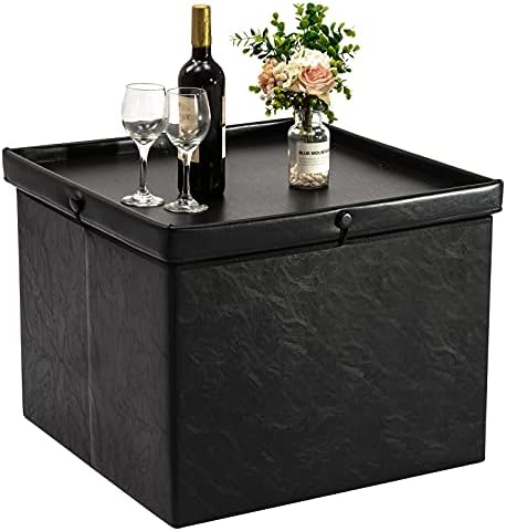 UHSTORAGE Large Square Storage Ottoman Coffee Table with Tray, Faux Leather Storage Ottoman for Living Room Comfortable Footstool with Resilient Sponge Padded Seat, Black