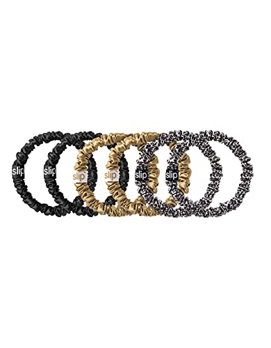 Slip Silk Skinnie Scrunchies in Gold, Black, and Leopard - 100% Pure 22 Momme Mulberry Silk Scrunchies for Women - Hair-Friendly + Luxurious Elastic Scrunchies Set (6 Scrunchies)