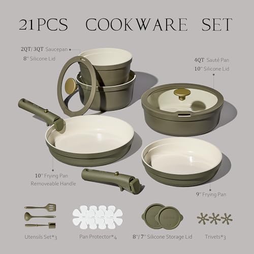 Image of Carote 21pcs Ceramic Cookware Set with Detachable Handles, Pots and Pans Set Non Stick, RV Kitchen Cooking Pot and Pan, Dishwasher Safe, Non-toxic Induction Cookware PFAS and PFOA Free, Olive Green