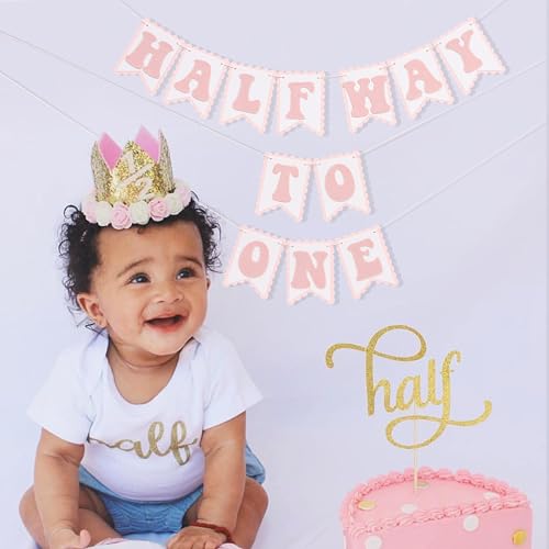 Image of Half Way To One Pink Banner - Sweet 6 Months Birthday Decorations,Pink Cake Smash Photo Backdrop,Little Princess 1 /2 Birthday Party Banner,Home Wall Mantel Hanging Garland.