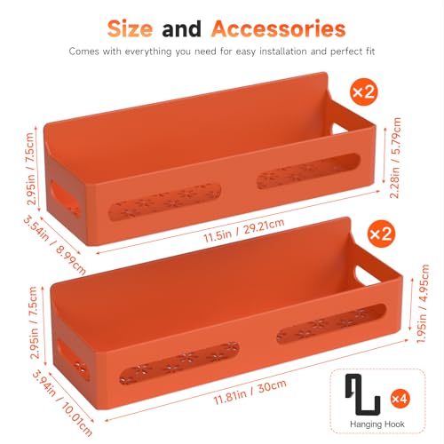 Image of Sevenblue 4-Pack Magnetic Spice Rack for Refrigerator with Hooks, Orange | Strong multipurpose magnetic shelf for kitchen & bathroom organization. Includes 4 removable hooks for hanging items.