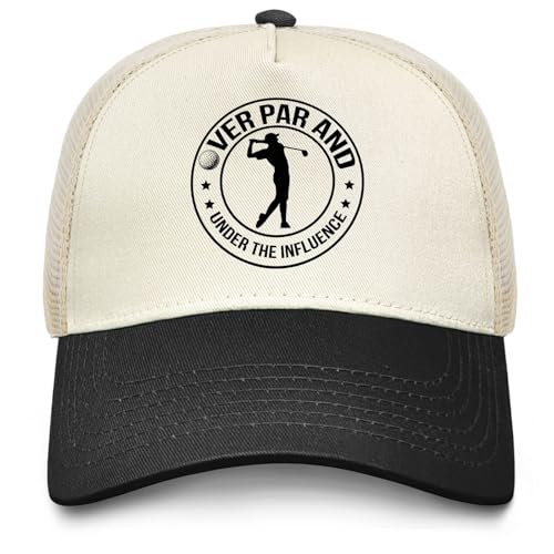 Image of Over Par and Under The Influence Golf Hat - Funny Golf Gag Gifts for Men & Dad | Adjustable Vintage Trucker Baseball Cap