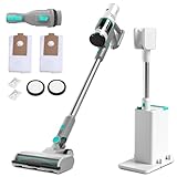 HAUSHOF Akku Staubsauger mit Absaugstation, Kabelloser Staubsauger 3-in-1, 24kPa Saugleistung, 2,1L Selbstleerender Beutel, Nachtmodus & Duftfunktion, V-förmige Bürste, LED-Licht, Ideal für Teppiche