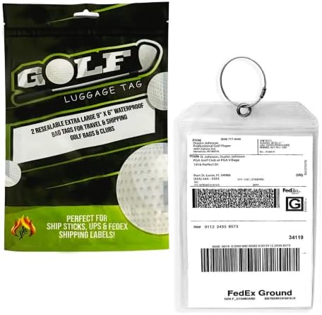 Golf Luggage Tag - Set of 2 Bag Tags Set Extra Large 9" x 6" - Plastic Waterproof Zipper Pouch - PVC Baggage Tag Sleeve for Travel & Shipping Golf Bag - Sealable Personalized Ship Sticks Insert