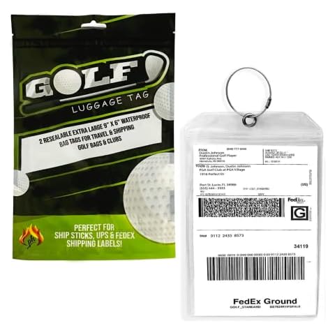 Golf Luggage Tag - Set of 2 Bag Tags Set Extra Large 9" x 6" - Plastic Waterproof Zipper Pouch - PVC Baggage Tag Sleeve for Travel & Shipping Golf Bag - Sealable Personalized Ship Sticks Insert Cover