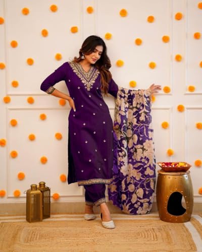 Image of Women Afghani Viscose Rayon Kurta Pant Dupatta Set with Embroidered Neck Work and Floral Print Organza Dupatta | Ethnic Straight Suit Set