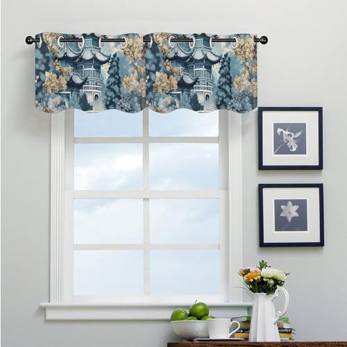 Cortinas con cenefa de estilo chinoiserie de pagoda azul, pack de 2 para cocina 4