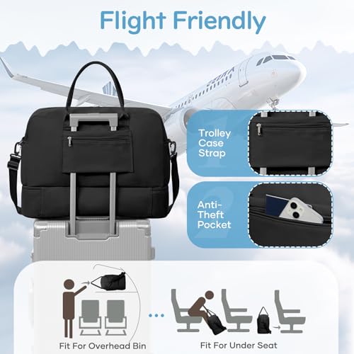 Image of Travel Duffle Bag,Weekender Bags for Women with Shoe Compartment Personal Item Travel Bag Carry on Overnight Bags For Airplanes Gym Duffel Bag with Wet Pocket Hospital Bag for Labor and Delivery Black