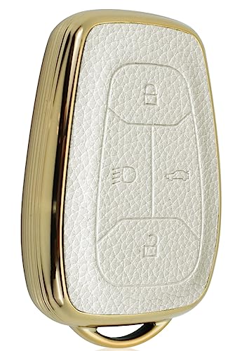 Image of JVCV Premium Soft Gold Border TPU Leather Pattern Key Cover Compatible with Tata Nexon, Harrier, Tiago EV, Altroz, Tigor, Safari, Nexon EV, Punch, Punch EV 4 Button Smart Key (White)