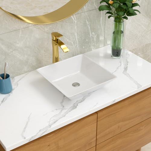 Lordear Bathroom Vessel Sink Square 16 Inch Modern Square Above Counter White Porcelain Ceramic Bathroom Vessel Vanity Sink Art Basin