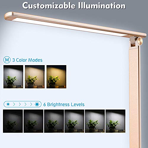 LED Desk Lamp with Fast Wireless Charger, WiFi, Desk Light 6 Brightness Levels 3 Lighting Modes Touch Control USB Port Timer Memory Function, Office Table Lamp Works with Alexa Google Home (Gold) - Thumbnail 5