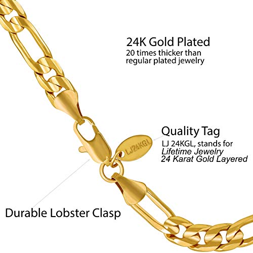 LIFETIME JEWELRY 4mm & 7mm Figaro Chain Bracelet 24k Gold Plated for Men and Women3