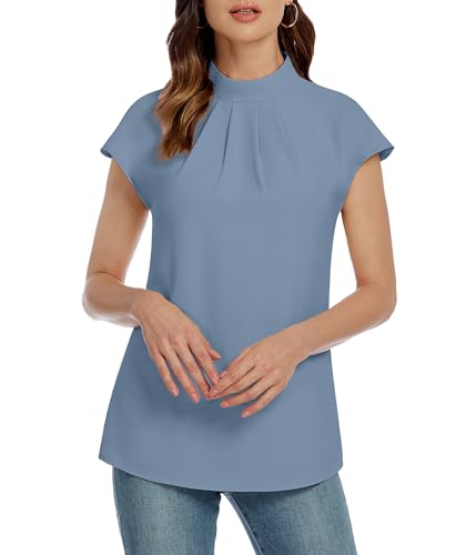 Image of Funlingo Womens Summer Tops Mock Neck Short Cap Sleeve Blouses Business Casual Work Chiffon Shirts Front Pleated Tunic Top