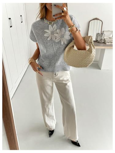 Image of SOLY HUX Women's Short Sleeve Sweater 3D Floral Sweaters Pullover Tank Tops Knit Vest Trendy Fashion Clothing