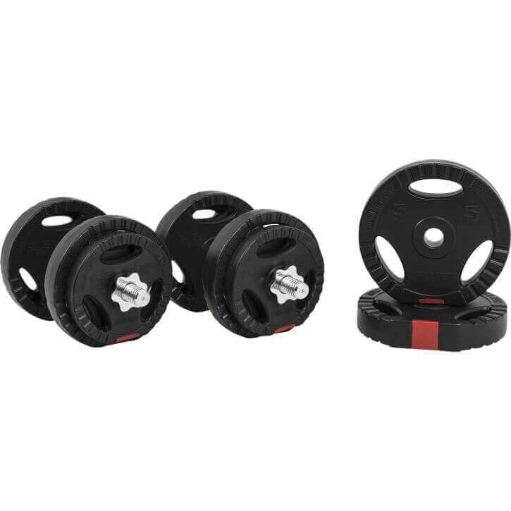 GORILLA SPORTS® Kurzhanteln 30 kg, 2er Set, 30 mm, Kunststoff, Gerändelt | Mit 2 Kurzhantelstangen, 4 Sternverschlüssen und 10 Hantelscheiben: 4 x 1,25 kg, 4 x 2,5 kg, 2 x 5 kg; Hantelset