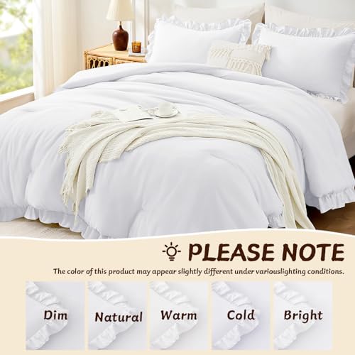 Image of FUANNA Queen Comforter Set White 3 Pieces, Ruffle Shabby Chic Queen Bed Set, Fluffy Lightweight Soft Bed in a Bag Queen for All Seasons, Farmhouse Bedding Comforter Sets(1 Comforter & 2 Pillowshams)
