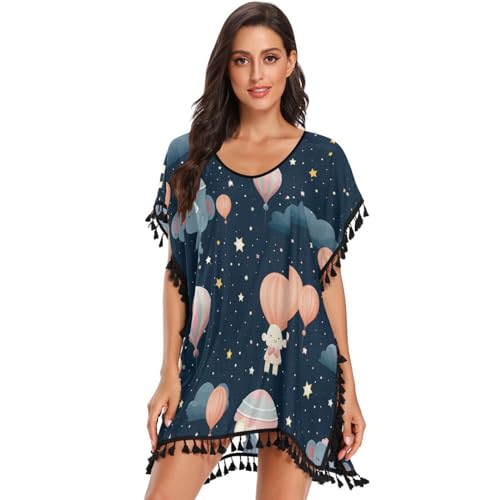 KAAVIYO Space Cute Blue Elephant Women's Beach Cover Up Chiffon Tassel Swimwear Swimsuit Coverups for Girl