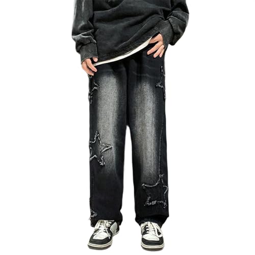 Boys Straight Leg Jeans Star Pattern Streetwear Denim Pants Casual Elastic Waist Trousers Y2K Jeans with Pockets - Main Image