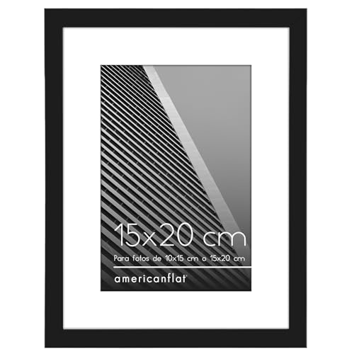 Americanflat Marco de Fotos 15x20 cm Negro - 10x15 cm con Paspartú o 15x20 cm sin Paspartú - Borde Delgado, Vidrio Resistente, Caballete Incorporado para Pared y Mesa