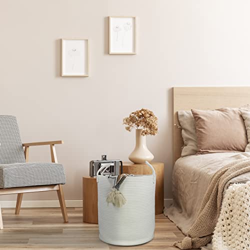 Image of XUANGUO White Cotton Rope Laundry Basket Hamper for Clothes Large | Baby Nursery Hamper Bin Decorative Woven Storage Basket for Living Room Bedroom Boho Tall Rope Baskets for Blanket Toys