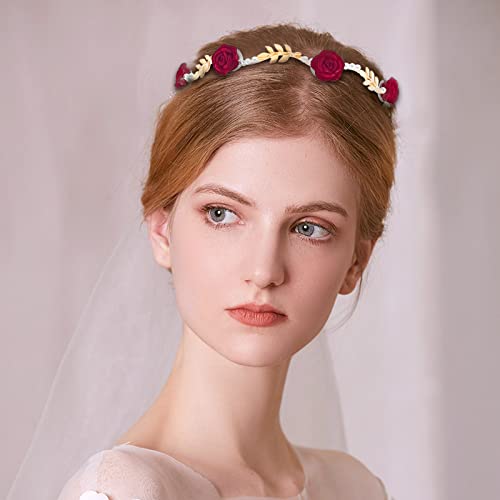 Aswewamt 2 Pcs Rose Flower Pearl Headband Metal Gold Floral Hairband Pearl Hair Band Wedding Headpiece Hair Jewelry For Women #TOP2