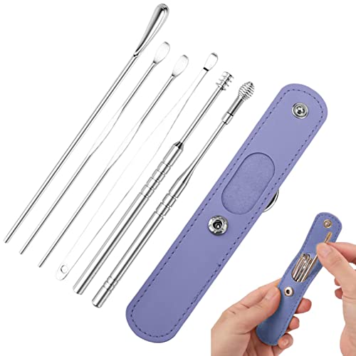 Kit de limpieza de oídos,Limpiador de cerumen de acero inoxidable de 6 piezas con bolsa de almacenamiento de PU | Limpiador de cera para oídos, regalo para familiares, amigos, adultos y niños Shangjia