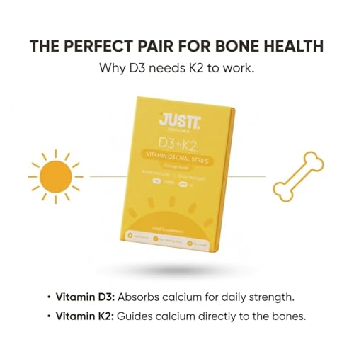 Image of Justt Essentials D3+K2 Vitamin D3 Oral Strips (Pack of 2), 600 IU, Orange Burst Flavour, Fast Dissolving, Sugar-Free, 60 Strips