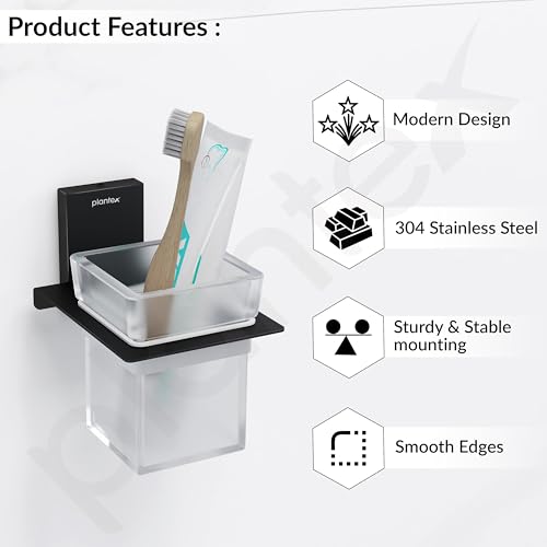 Image of Plantex 304 Grade Stainless Steel Glass Tumbler Holder /Toothbrush Holder for Bathroom /Bathroom Accessories - Pack of 1 (Crystal, Black)