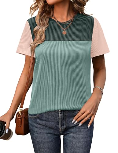 Zeagoo Womens Casual Summer Tops Short Sleeve T Shirts Crewneck Basic Tees Blouses Color Block Tunic Tops2