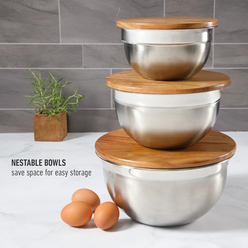 Image of Calphalon Orbit Mixing Bowl Set, 3-Piece Stainless Steel Mixing Bowls(1.5 Qt, 3 Qt, 5 Qt) with Acacia Wood Lids & Non-Slip Base, Kitchen Prep Bowls for Mixing, Serving & Food Storage