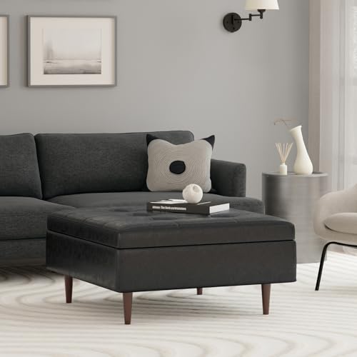 SIMPLIHOME Shay 38 inch Wide Mid Century Modern Large Square Coffee Table Storage Ottoman in Distressed Black Vegan Faux Leather, Assembled, for The Living Room and Entryway