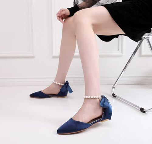 Image of Women's Bride Ballet Flats Satin Pointed Toe Pearl Ankle Strap Shoes | Satin Pointed Toe Flats; Pearl Ankle Strap Wedding Shoes