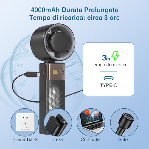 USB Mini Pieghevole Ventilatore - 4000 mAh Ricaricabile Ventilatore Portatile con Cordino, 1-199 Multi-Stadio Controllo Della Velocità Portable Fan per Casa, Ufficio, Estate - Gadget - Immagine 5