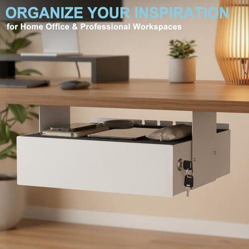 Image of Under Desk Slide Out, Lockable Steel Storage Drawer with Lock and Keys, Full-Extension Slides, Undermount Drawer for Home Office & Standing Desk, 13.8 Inch, White