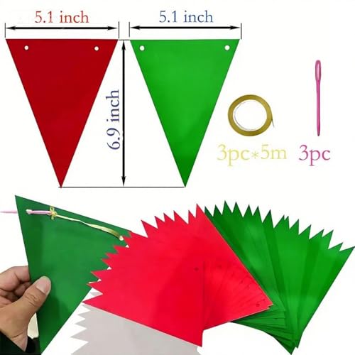 Image of Red White and Green Pennant Banner Christmas Paper Triangle Flag Hanging Decoration for Wedding Birthday Baby Shower Family Party(36pcs Triangle Flag)