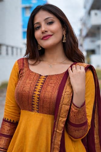 Image of Women's Vichitra Silk Anarkali Gown with Dupatta, Navy Blue Flared Traditional Dress with Magenta Zari Border, Jacquard Weaving Full Sleeves Ethnic Suit