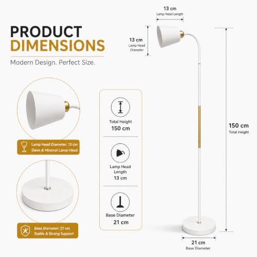 Image of XERGY 24W Modern Minimalism Floor Lamp | Adjustable Neck Design | Stable Heavy Base | E27 Bulb Socket- for Corner, Living Room, Bedroom, Study & Office - White /Gold (Height-150cm, Bulb Not Included)