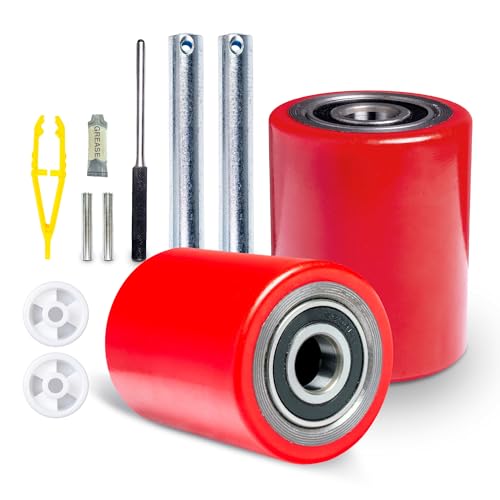 pallet jacktruck load wheels full set with axles and entry exit roller 334 x 37534 with bearings id 20mm poly tread red