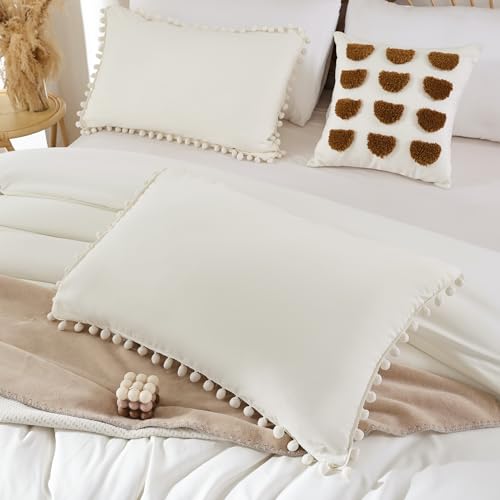 YIRDDEO Ivory Queen Ball Pom Fringe Comforter Set 3pcs, Boho Off White Aesthetic Luxurious Queen Bedding Set 3 Pieces, Vintage Ultra Soft Microfiber Comforter Set