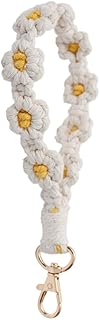 Daisy Macrame Wristlet Keychain for Women Girls Boho Key Wrist Lanyard for Keys Phone Macrame Flower Keyring Handmade Daisy Wrist Lanyards Braided Key Ring